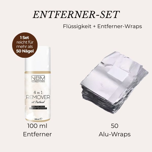 Gel Entferner Set – 4in1 Remover mit Panthenol + 50 Alu-Wraps